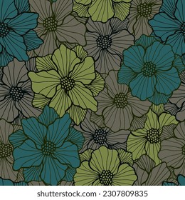 Ornate chrysanthemum flower endless design. Organic bouquet ornament. Poppy blossom with doodle petals. Textile print. Garden bloom rustic repeating pattern nature motif.