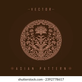 Ornate Circular Asian Pattern with Lotus and Foliage Motifs