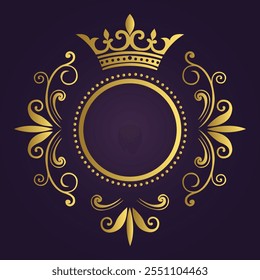 Ornate circular emblem with gold crown and floral motifs on deep purple background in regal symmetrical design