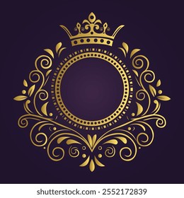 Ornate circular emblem with gold crown and intricate flourishes on deep purple background in regal style