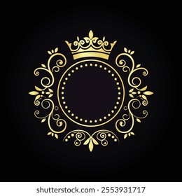 Ornate circular emblem with gold crown and floral patterns on a striking black symmetrical background  
