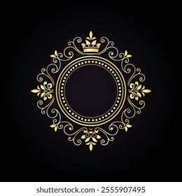 Ornate circular emblem with gold filigree patterns and crown on a sophisticated black background  
