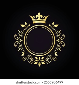 Ornate circular emblem with gold scrollwork floral patterns and crown on a luxurious black background  
