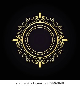 Ornate circular emblem with intricate gold swirls and leaf motifs on a luxurious black background  
