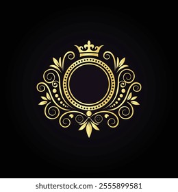 Ornate circular emblem with intricate gold floral motifs and crown on a luxurious black background  
