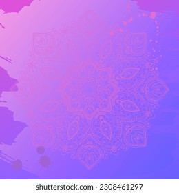 Ornate circular mandala isolated on a abstract grunge background with blobs and splashes. Bright vector design