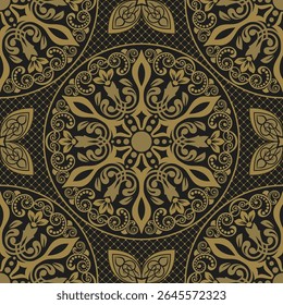 Padrão circular ornamentado com desenhos intrincados em ouro e preto.