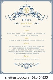 Ornate classic menu design in vintage style. Vector template.