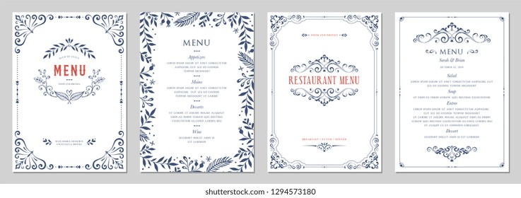 Ornate classic templates set in vintage style  Wedding   restaurant menu  Vector illustration 
