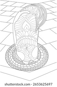 Ornate Cobra Head Line Art para colorir - Desenho de cobra preto e branco intrincado com padrões abstratos e estilo zen.