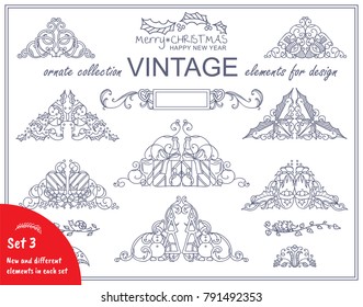 Ornate collection of elements for design. Christmas triangles, perfect for borders or dividers, suitable for art emphasis. Elements consist from wave lines, presents, stars, holly branches and leaves 