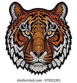 Ornate color hand drawn head of Tiger. This is isolated vector illustration ideal for a T-shirt graphic.