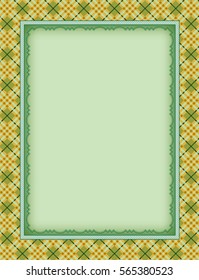 Ornate color rectangular frame, and plaid seamless background. Template for card, certificate. Swatch is included in vector file. 
