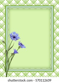 Ornate color rectangular frame, plaid seamless background, cornflowers. Template for card, advertisement, invitation. Swatch is included in vector file. Clipping mask applied.