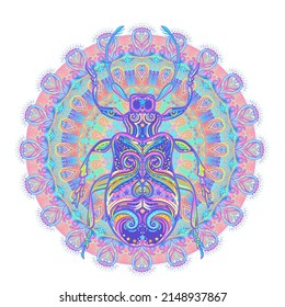 Ornate colorful beetle over mandala pattern, isolated vector illustration. Tattoo sketch. Mystical symbols and insects. Alchemy, religion, occultism, spirituality. Hand-drawn vintage.