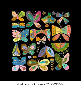 Ornate colorful butterflies, square background. Art Collection for your design