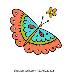 Ornate colorful butterfly, isolated on white. Cartoon for your design