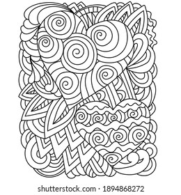 Ornate coloring page with hearts and spiral curls, Anti stress coloring for Valentine's day vector illustration