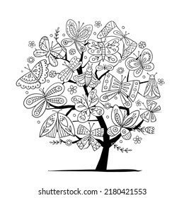 Ornate colouring butterflies. Art tree for your design