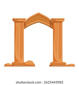 Ornate columns support an ancient archway, standing on rocky ground, evoking a sense of history and architecture