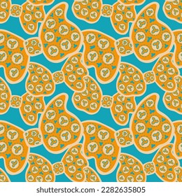 Ornate complex repaeted pattern with bow in yellow and turquoise colours. For print on textile, wrapping paper, packaging, web design.