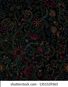 Ornate and complicated embroidery imitation seamless vector pattern in mexican style. 