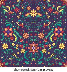 Ornate and complicated embroidery imitation seamless vector pattern in mexican style. 