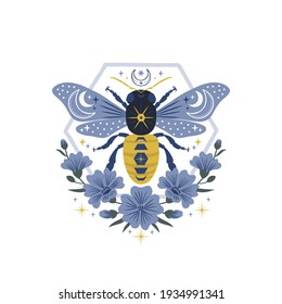 Ornate cosmic bee with celestial ornament in floral frame vector illustration. Symmetrical honeybee folk art emblem. Apiculture decorative folksy ornament.  svg