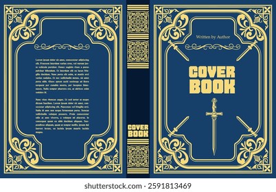 Ornate cover book design with swords and golden frame on blue background, perfect for fantasy or historical novels. Hand drawn Illustration