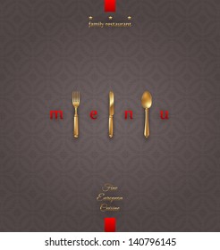 Ornate cover menu with golden cutlery - vector illustration