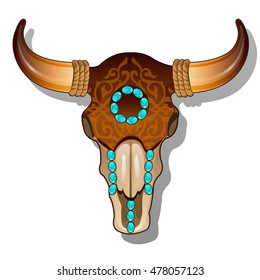 Ornate cow skull encrusted with turquoise precious stones. Vector illustration.