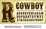 An ornate cowboy alphabet with wood and metal 3d effects, great for posters, branding, rodeos, etc.