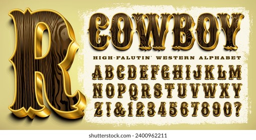 An ornate cowboy alphabet with wood and metal 3d effects, great for posters, branding, rodeos, etc.