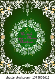 Ornate craft green Christmas greeting card with white floral paper cut out border and xmas wreath with handmade snowflakes