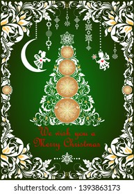 Ornate craft green Christmas greeting card with floral paper cut out border, hanging handmade paper angels and decorative xmas tree