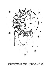 Ornate crescent moon with face and closed eyes, engraved stylization. Boho illustration for print, Tarot card, Tarot astrological symbol. Isolated vector.
