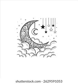 Ornate crescent moon with hanging stars floating above fluffy clouds