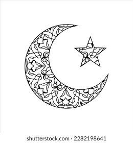 Ornate crescent with star, Ramadan traditional symbol. Outline moon with star, black contour. Vector Ramadan sign, isolated on white background. Eid Mubarak religious illustration.