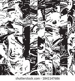 Ornate, cropped details set side by side to form black and white, vintage feel montage pattern