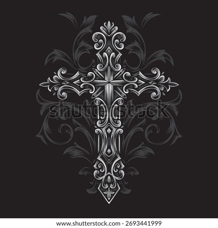 Ornate cross with floral scrollwork on dark background