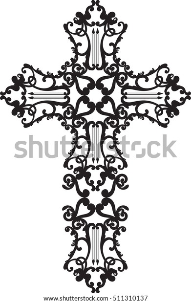 Ornate cross is on\
white