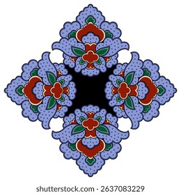 Ornate cross shape design with stylized flowers. Medieval Turkish motif. Isolated vector illustration on white background.