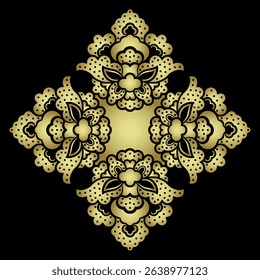 Ornate cross shape design with stylized flowers. Medieval Turkish motif. Black and gold silhouette.