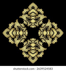 Ornate cross shape design with stylized flowers. Medieval Turkish motif. Black and gold silhouette.