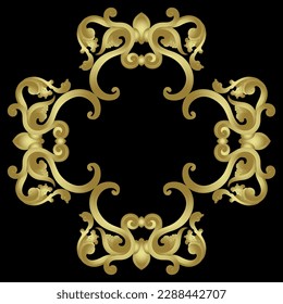 Ornate cross shape frame or vintage pattern. Medieval Icelandic design from illuminated manuscript. Golden glossy silhouette on black background.