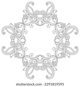 Ornate cross shape frame or vintage pattern. Medieval Icelandic design from illuminated manuscript. Black and white linear silhouette.