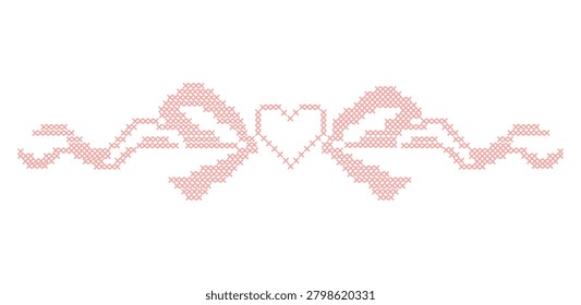 Ornate cross-stitch ribbon bow isolated on white background. A geometric pixelated embroidery knot pattern for cottagecore craft designs, clothing accents, and traditional needlework. Vector.