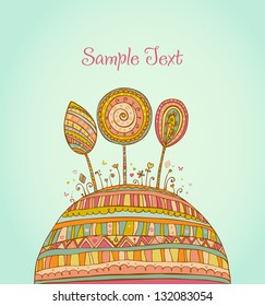 Ornate curly colorful flowers and trees with decorative hearts and butterflies. Hand drawn illustration and place for your text. Template for greeting card and scrapbooking