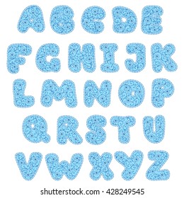  Ornate and curly embroidery alphabet. Baby font for boy.