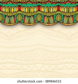 Ornate curtain and ethnic ornament background. Colorful element with shadow. Mexican ornament for tribal background. Flyer or greeting card template. Vector illustration.